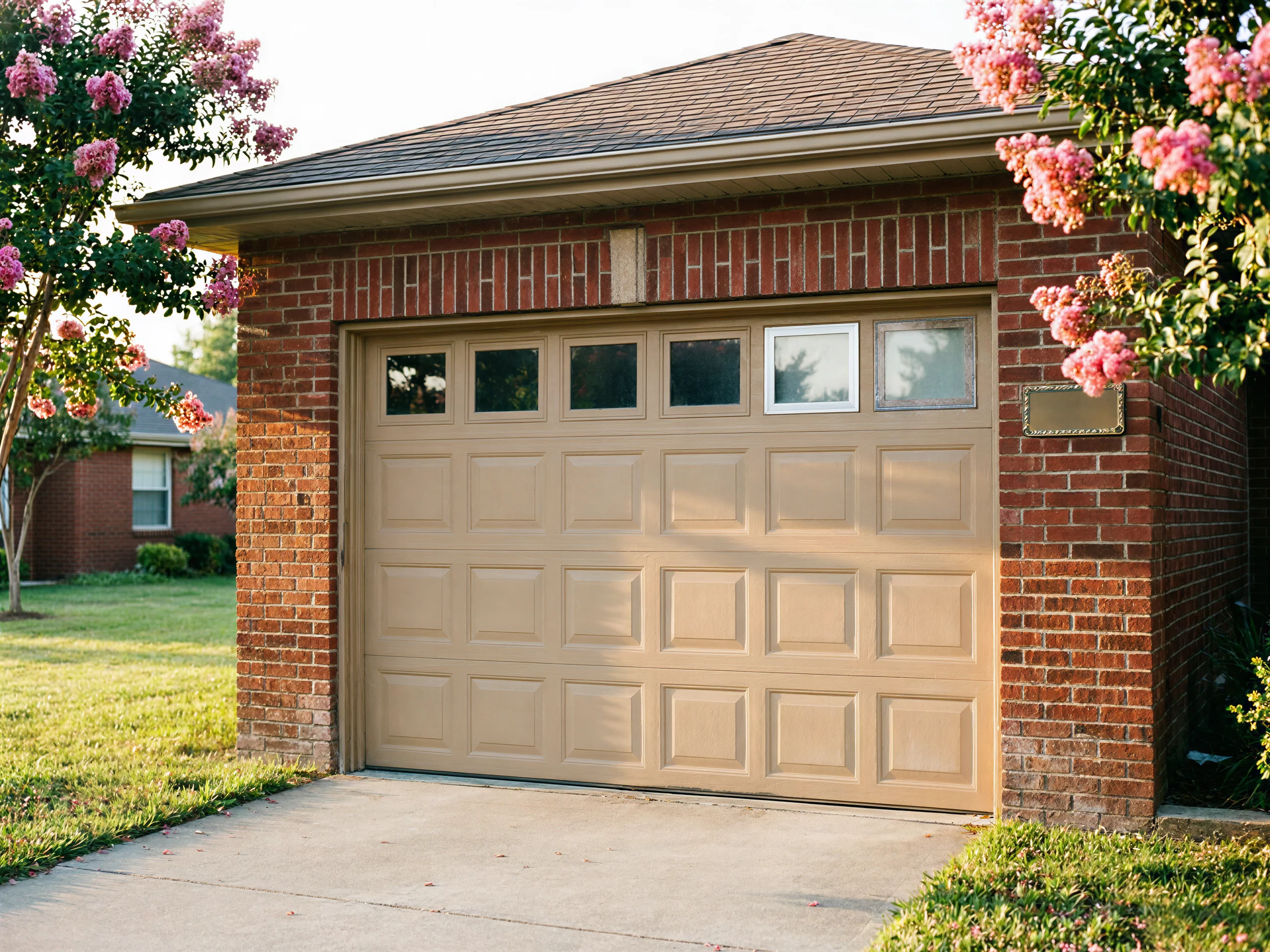 A tan garage door with windows is set in a red brick house.