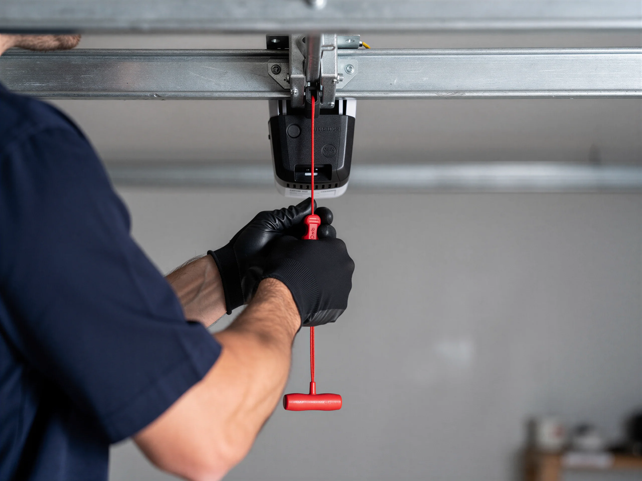 A technician in black gloves pulls the red emergency release cord on a garage door opener.