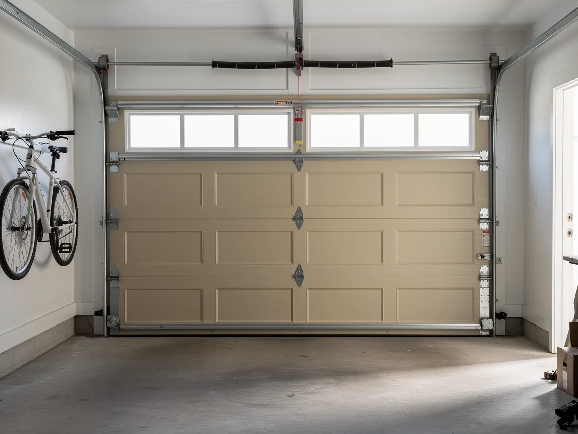 A beige garage door with windows is closed inside a garage with a bicycle on the wall.