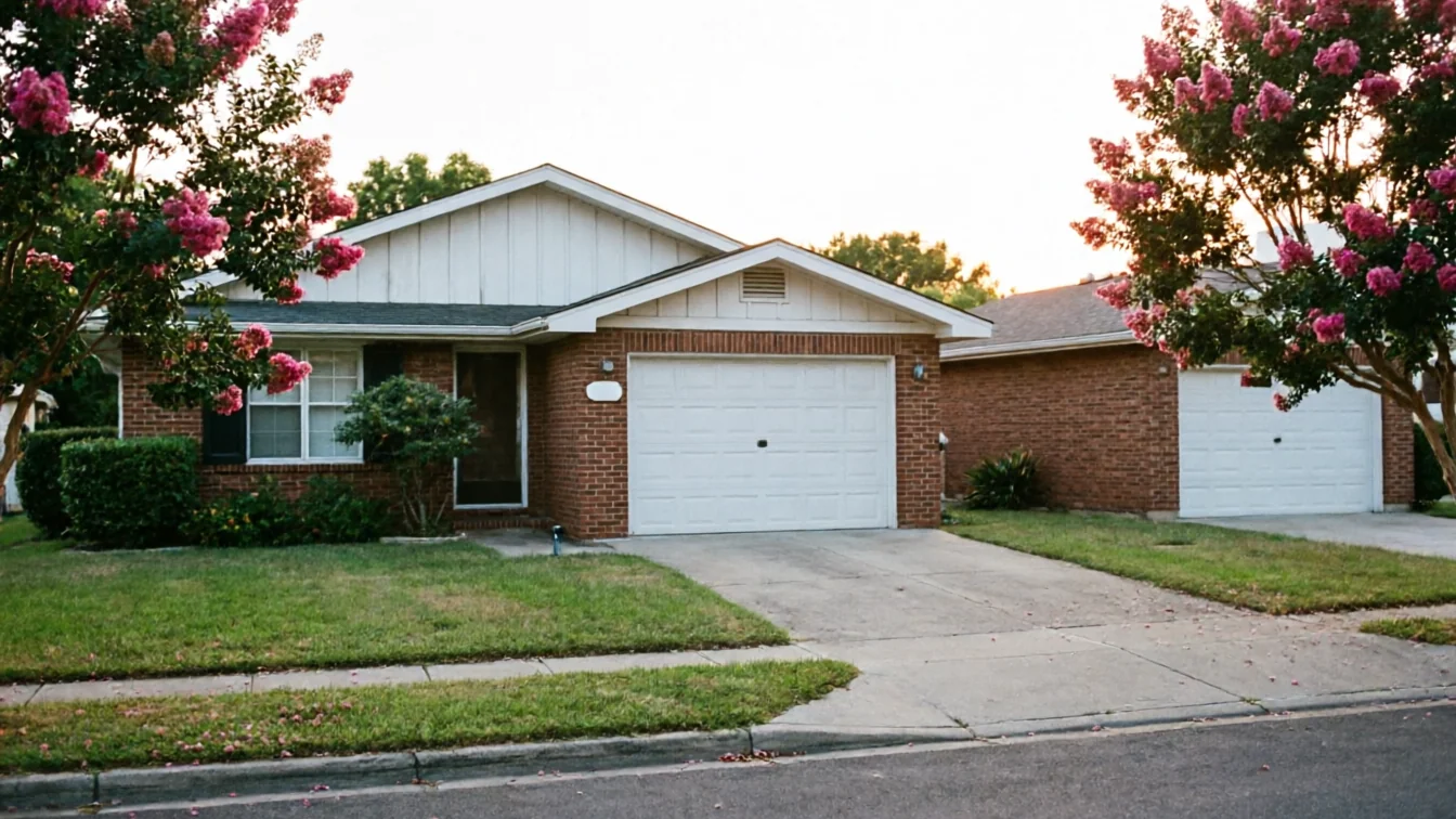 Two brick houses with white garage doors and green lawns.